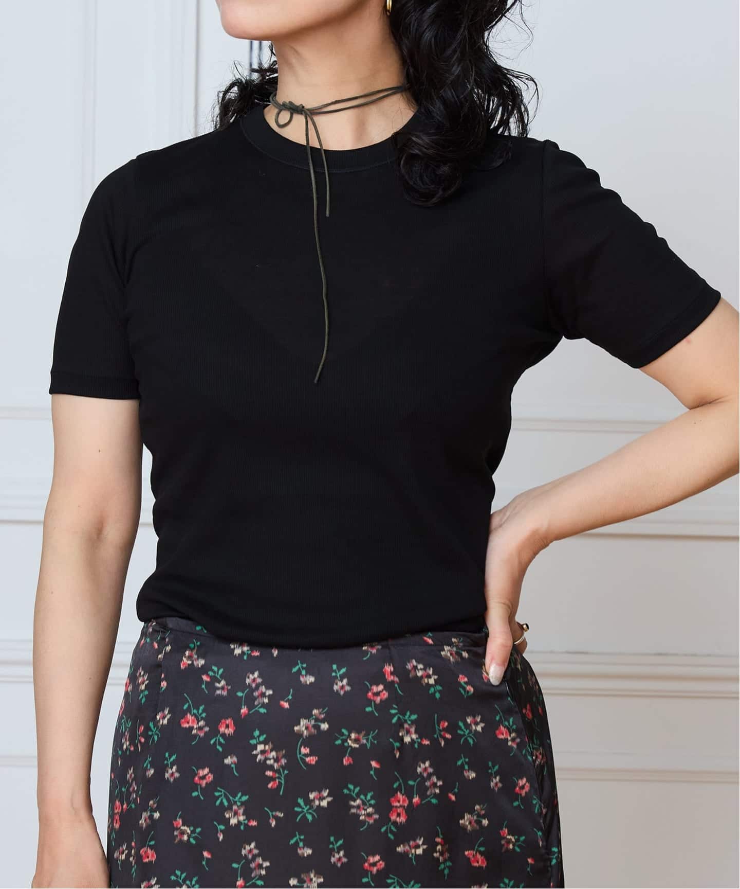 イエナ　丸襟 半袖 リブニット ブラック IENA LA BOUCLE コットンリブハーフスリーブカットソー（Tシャツ