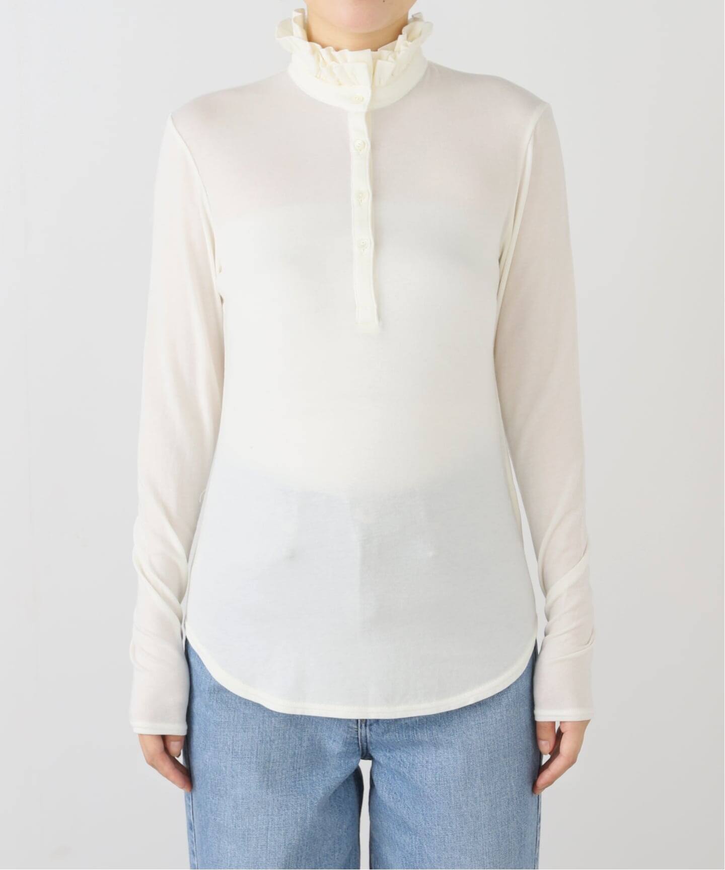 IENA LA BOUCLE フリルヘンリーネックカットソー 白 追加》IENA LA BOUCLE フリルヘンリーネックカットソー（Tシャツ