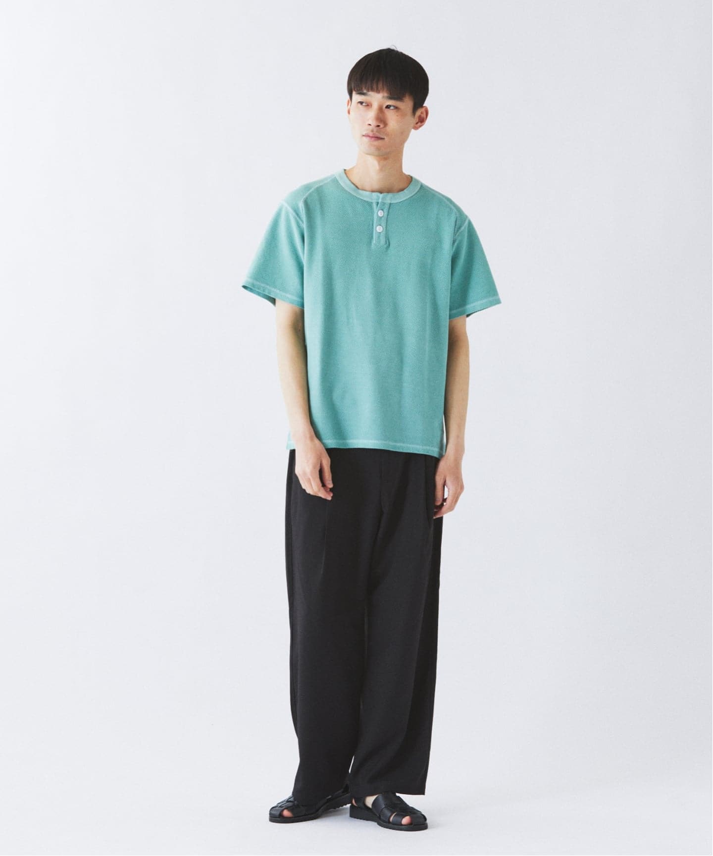 製品染め ワッフル調 ピケ ヘンリーネックTシャツ（Tシャツ