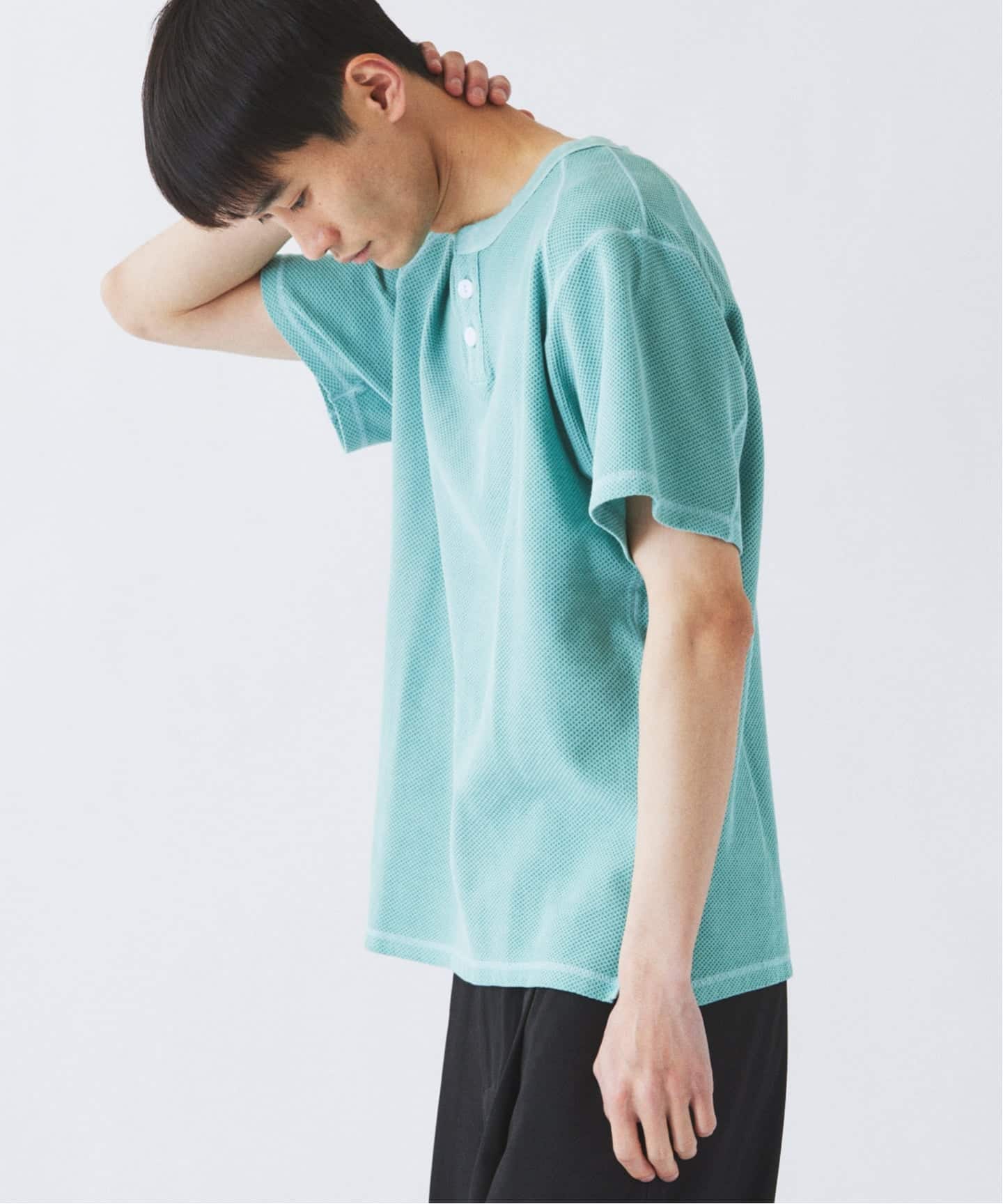 製品染め ワッフル調 ピケ ヘンリーネックTシャツ（Tシャツ