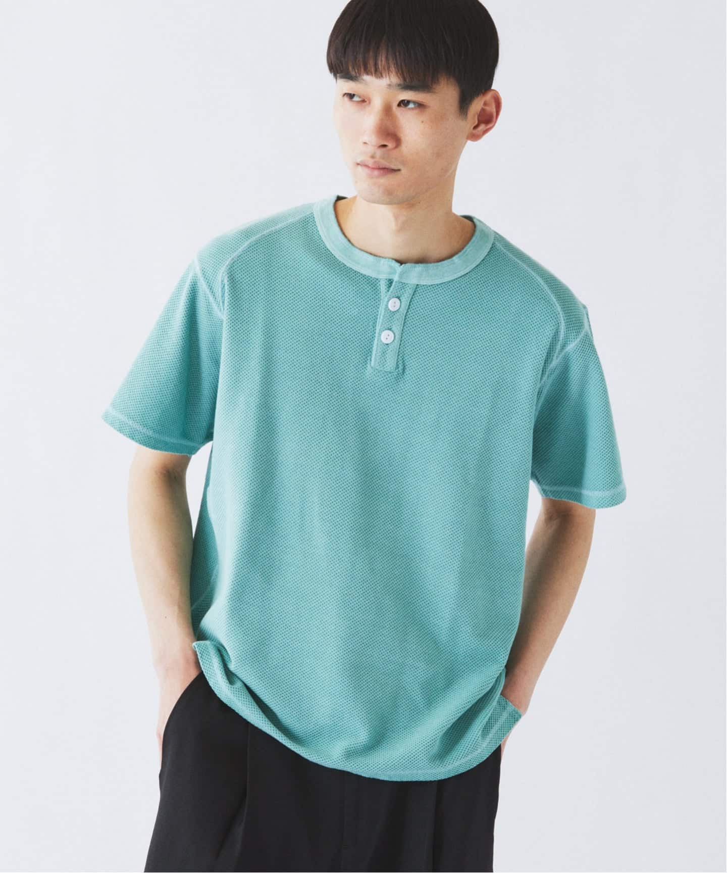 製品染め ワッフル調 ピケ ヘンリーネックTシャツ（Tシャツ