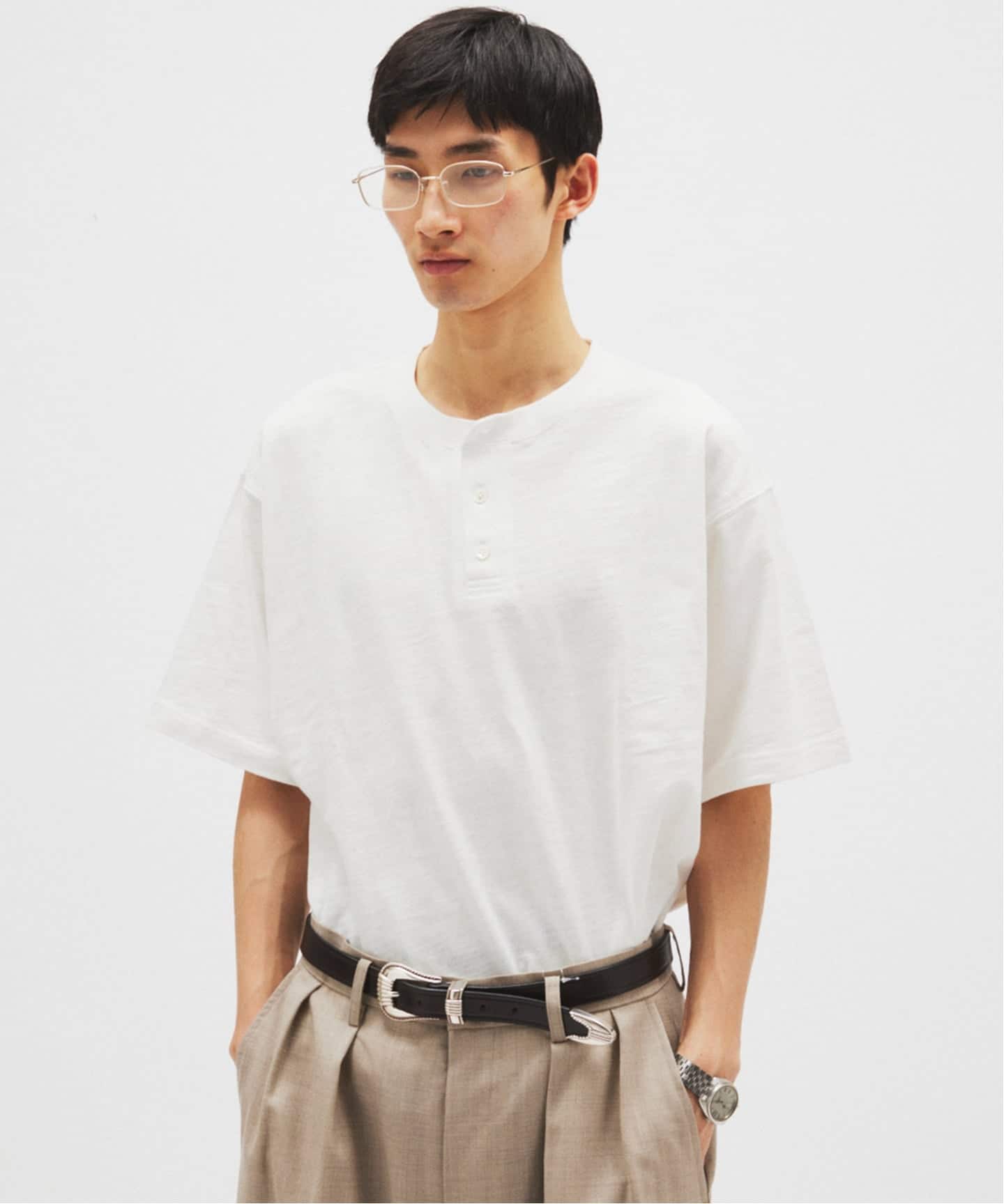 スラブ ヘンリー ネック 半袖 Tシャツ（Tシャツ／カットソー