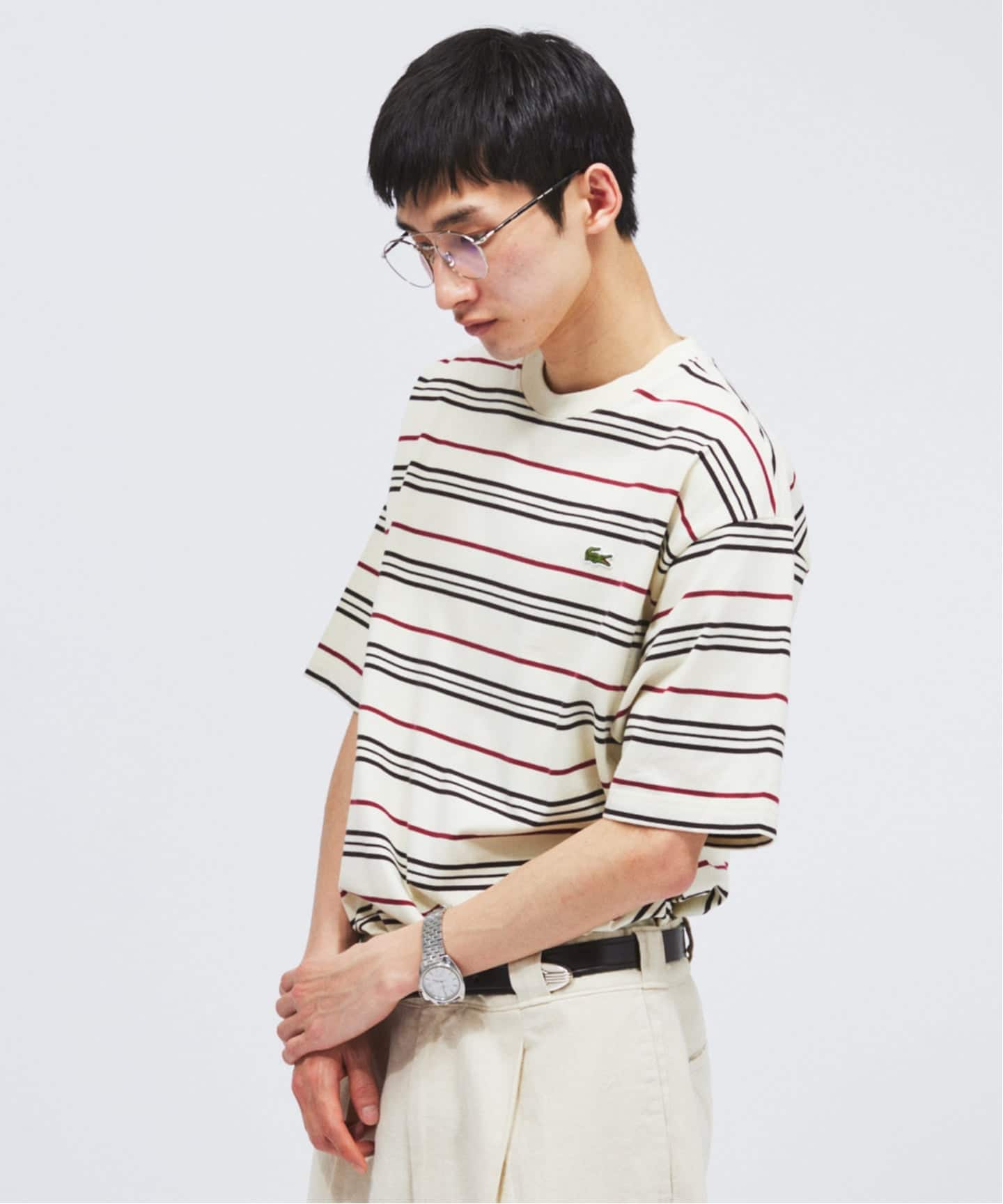 LACOSTE / ラコステ 別注 マルチ ストライプ クルーネック Tシャツ（T