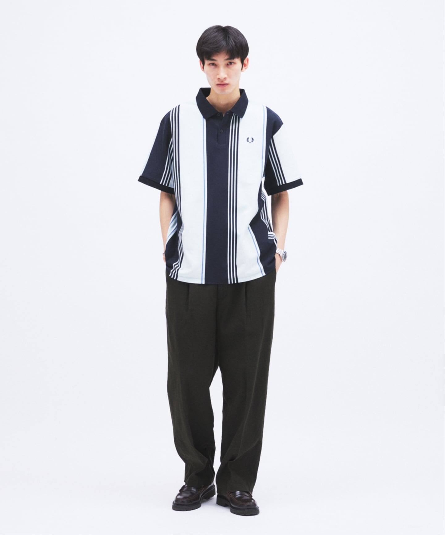 【美品！】FRED PERRY JS 別注 ストライプ ピケポロシャツ Lサイズ 予約》FRED PERRY / フレッドペリー 別注 ストライプ ピケ ポロシャツ