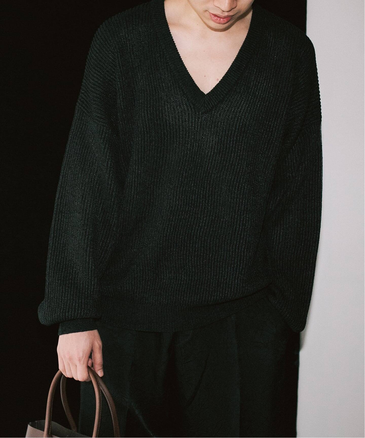 ローブ　イタリア　ニット　黒 CRISTA SEYA / クリスタ セヤ】RIBBED V NECK DROPSHOULDER SW（ニット