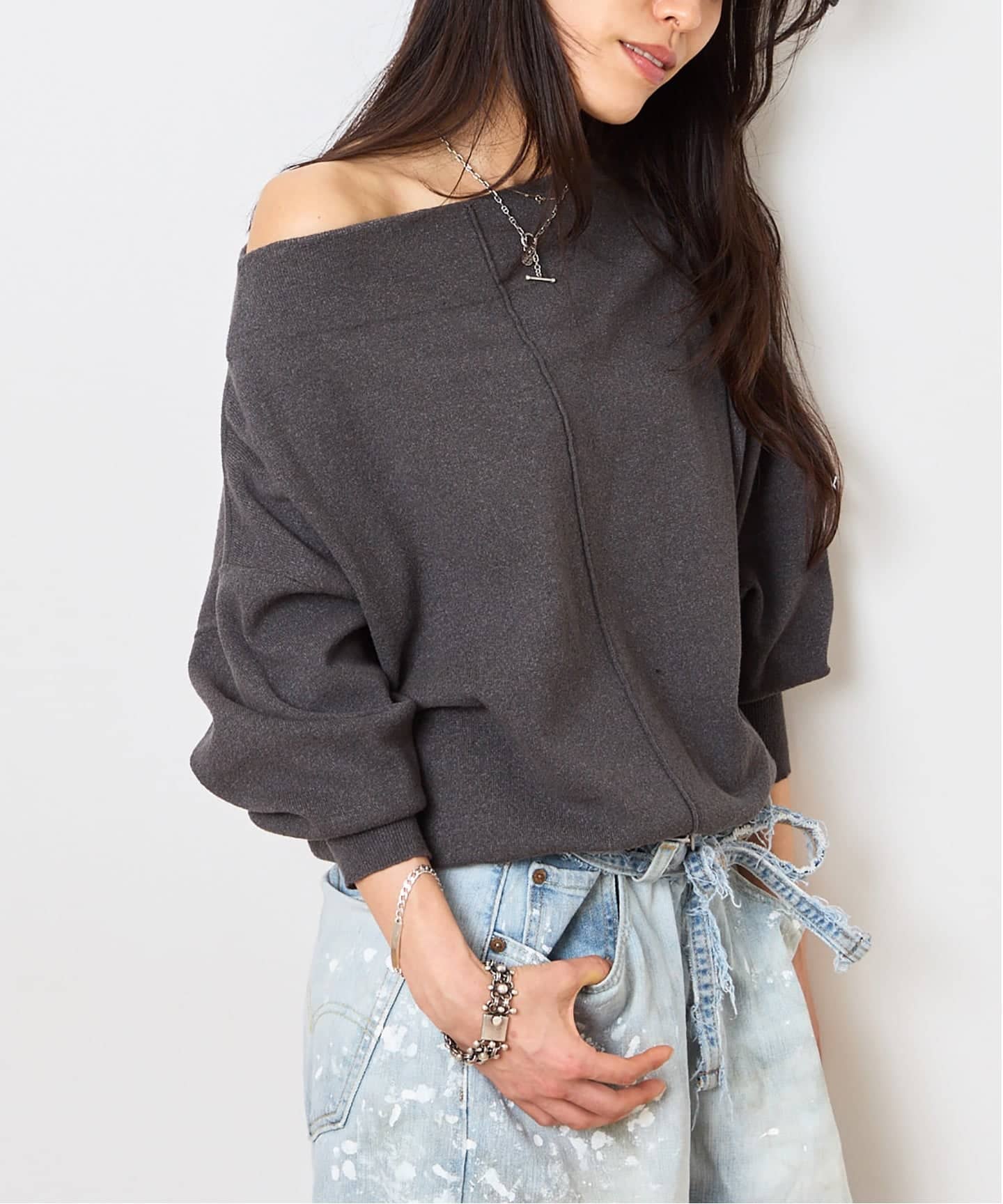 2WAYワイドネックルーズKNIT CARDIGAN TOPS：ニット（ニット／セーター