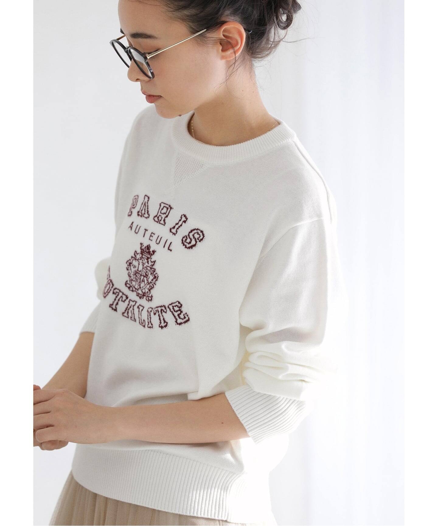 【ホワイト（10）】インターシャロゴ入り長袖ニット 洗える】インターシャロゴニット（ニット／セーター）｜La Totalite
