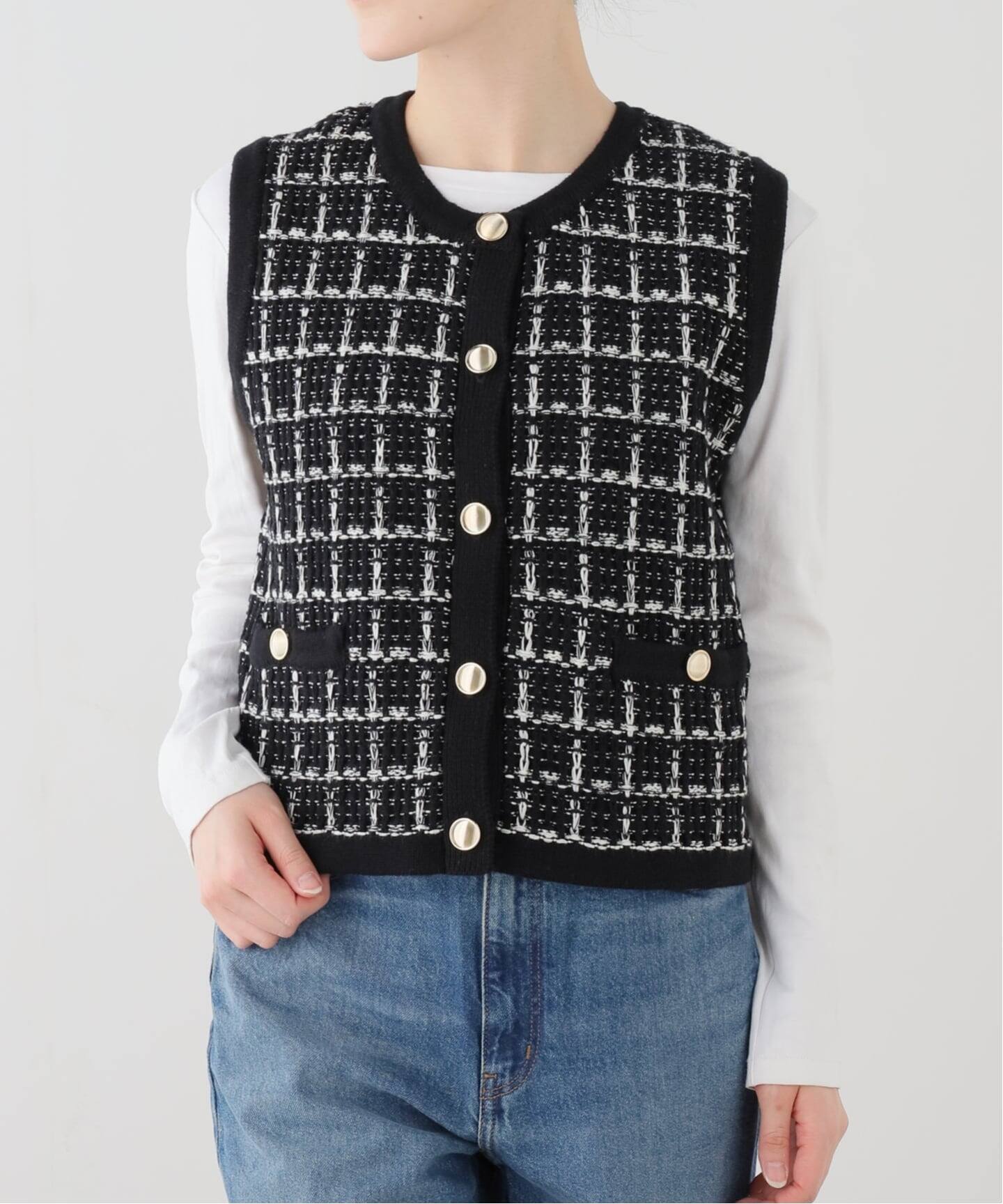 【新品・未使用】TORRAZZODONNA ツイードコットンニットベスト 洗える】TORRAZZO DONNA/トラッゾドンナ ツィードコットンベスト