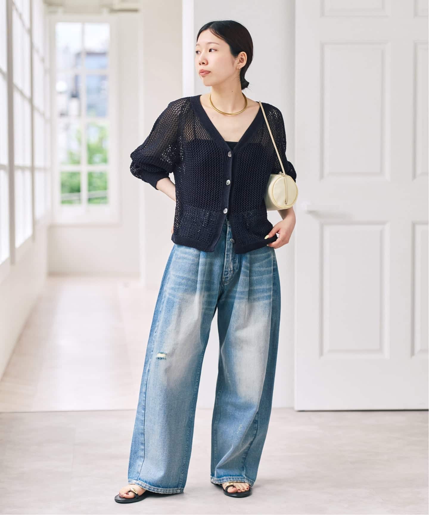 メッシュ Vネック カーディガン　ネイビー メッシュVネックカーディガン（ニット／セーター）｜Spick & Span