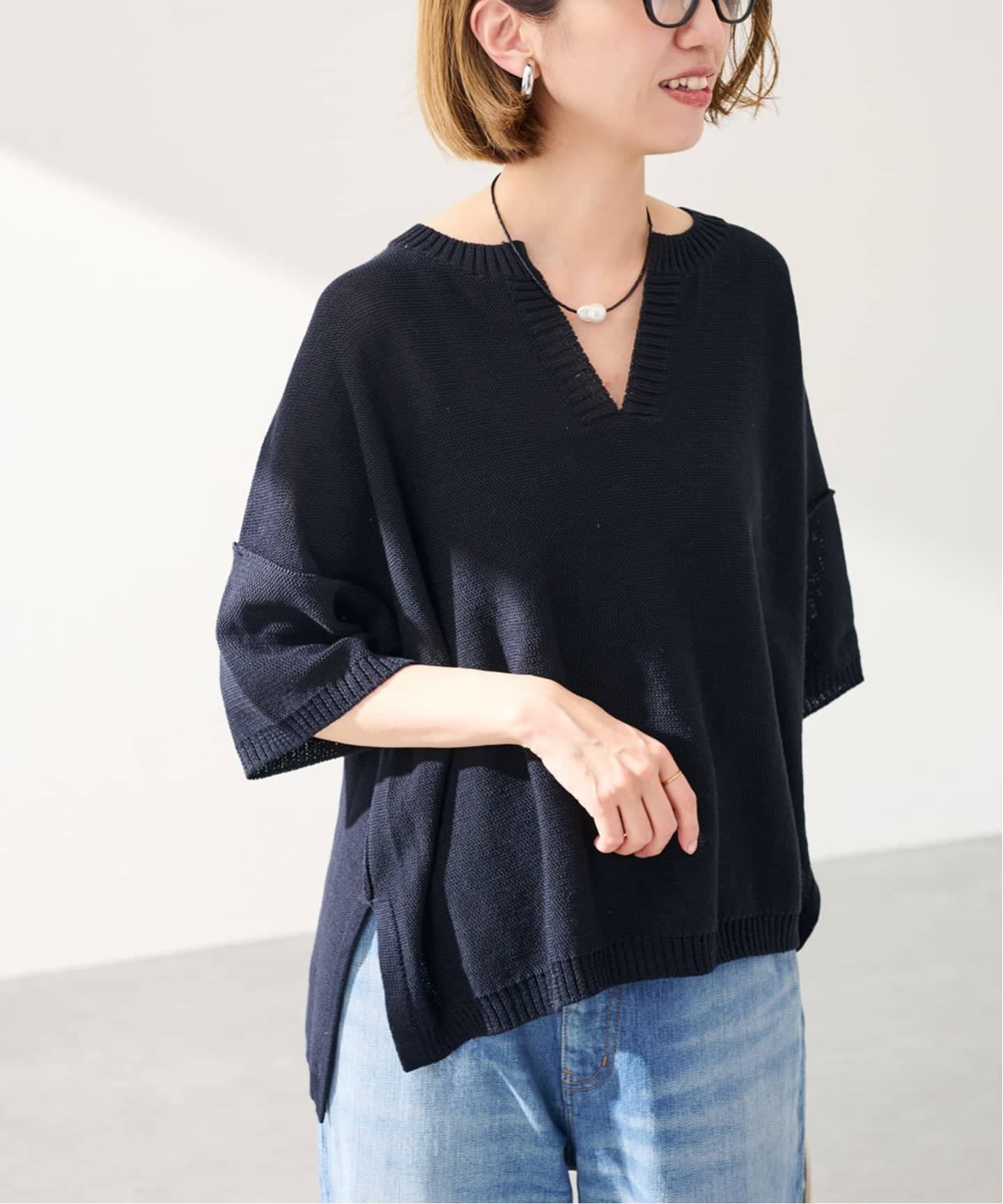 ≪洗える / 追加≫裏天竺 キーネックプルオーバー（ニット／セーター