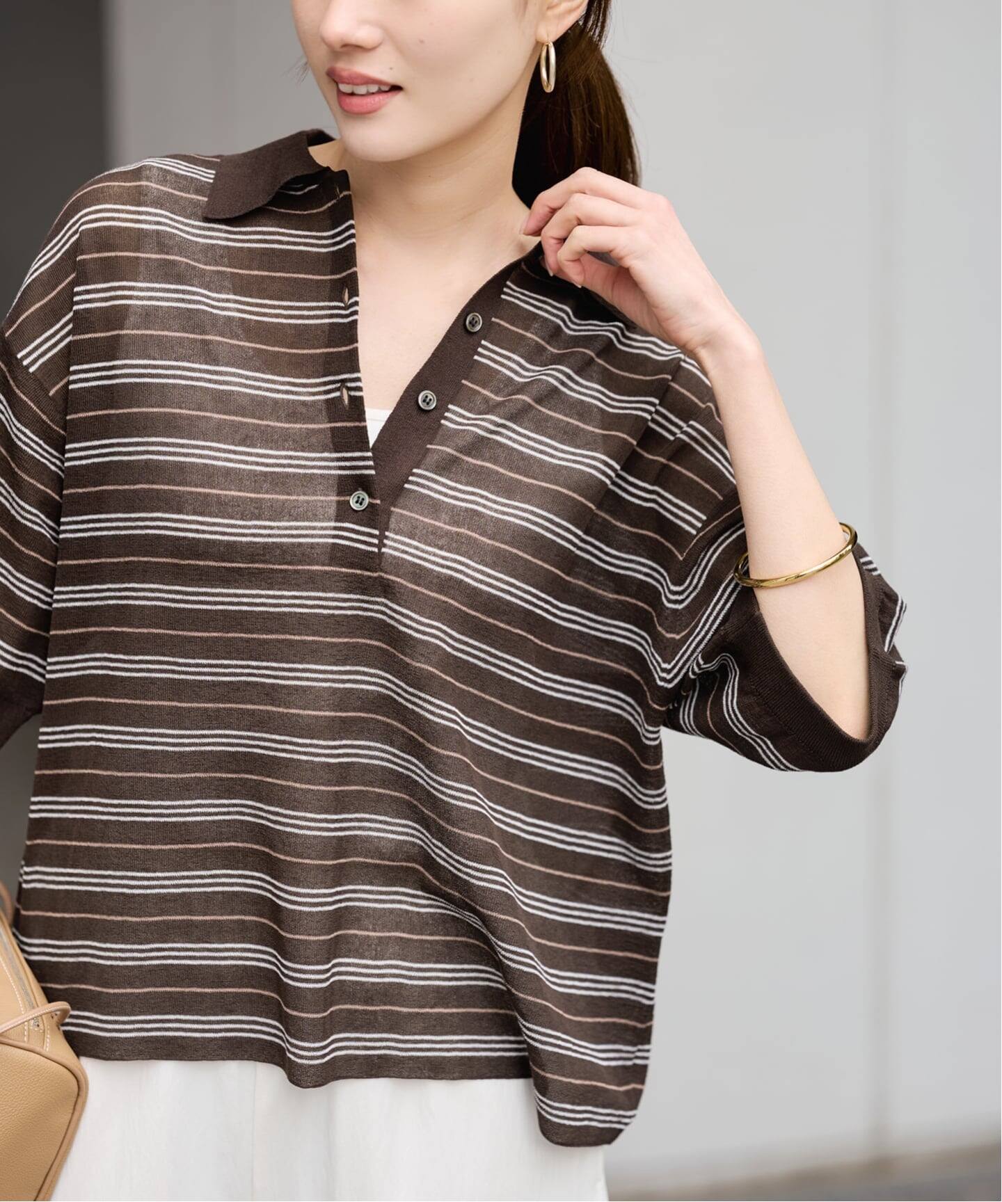 tyn.TGOR トゴール　シアーボーダーニットポロ シアーボーダーポロニット(Tシャツ/カットソー)｜トップス｜emmi（エミ