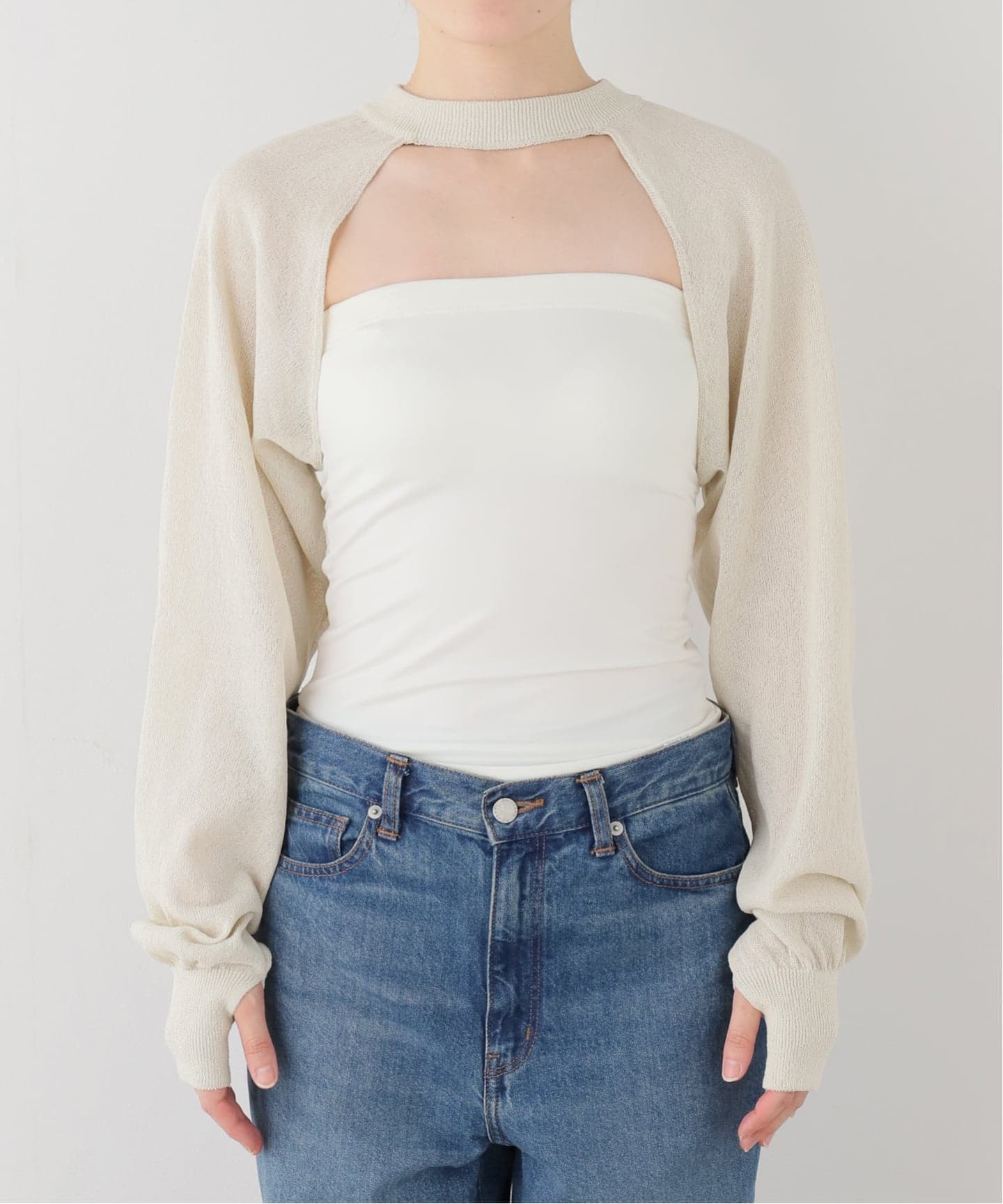 【JANE SMITH】ベージュデニム JANE SMITH/ジェーンスミス 12G SLEEVE SHORT KNIT（ニット／セーター