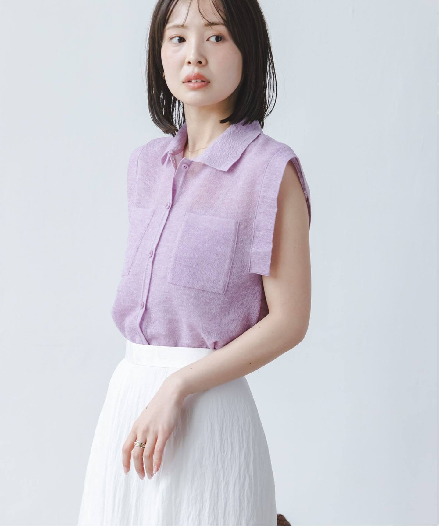 追加・新色》【洗える】スポンジシアーノースリーブシャツニット
