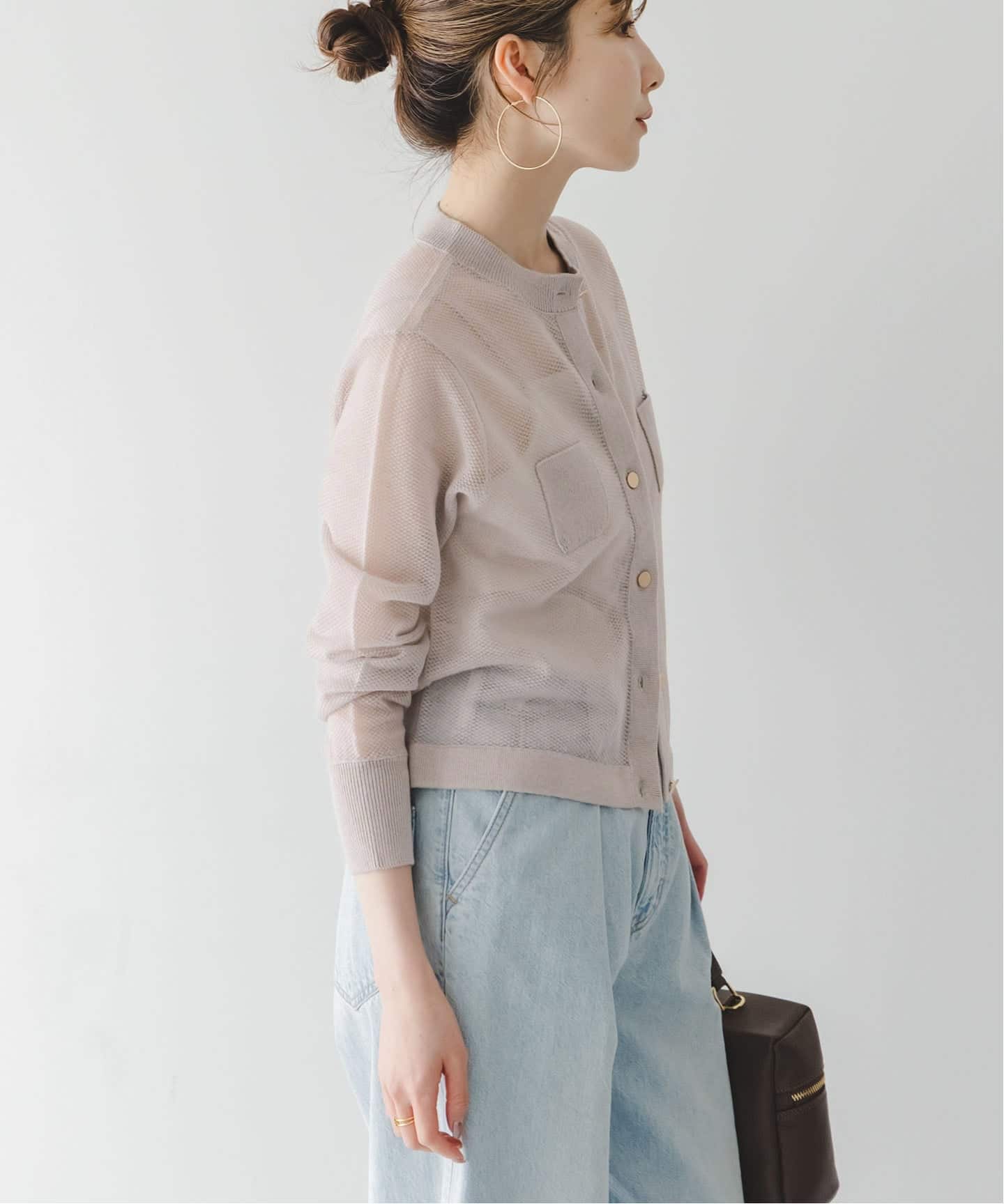 予約》【洗える】メッシュJ/Q シアークルーショートカーディガン