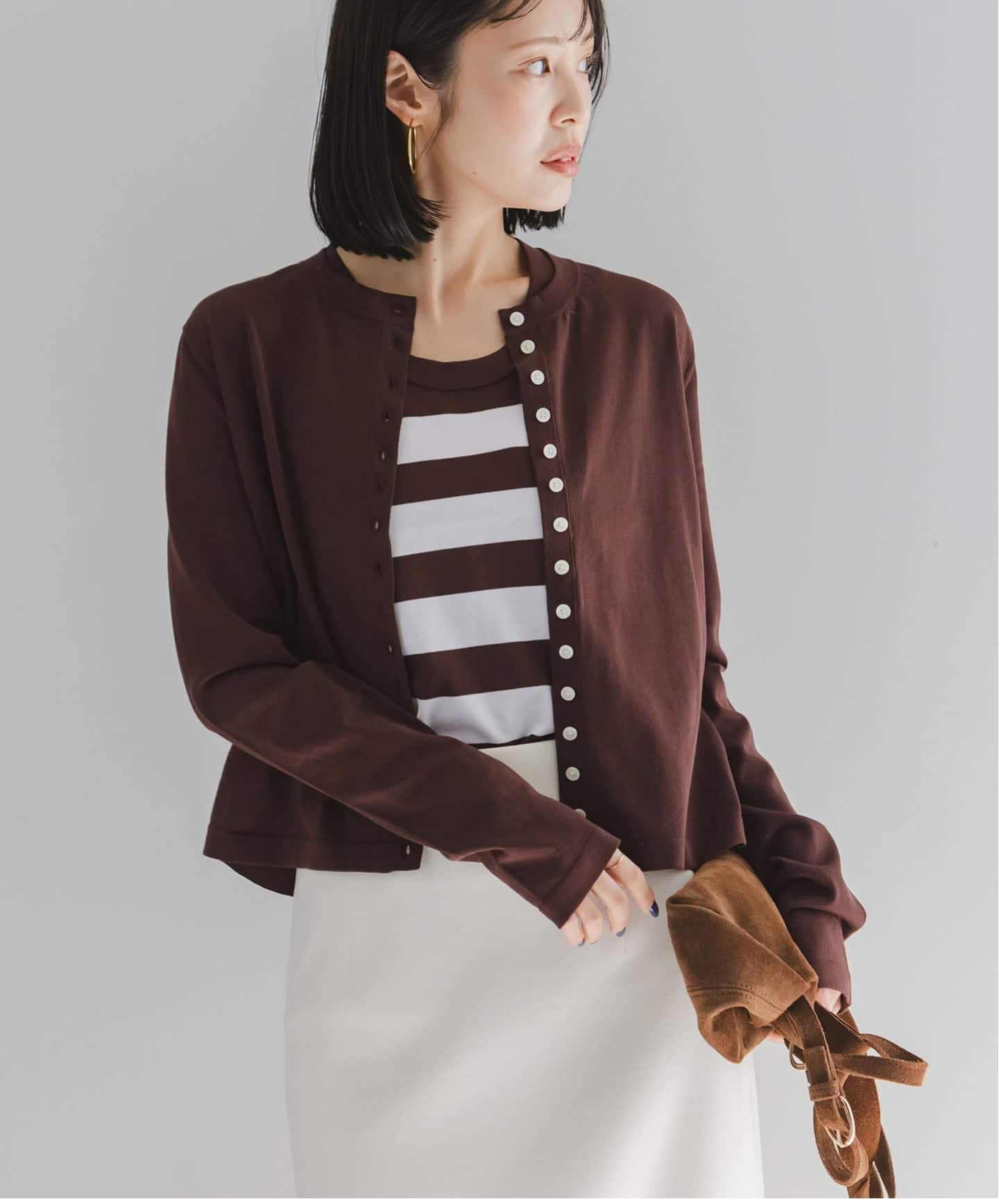 NOBLE ブラウン カーディガン 洗える】18G CO/PL クルーカーディガン（カーディガン）｜NOBLE