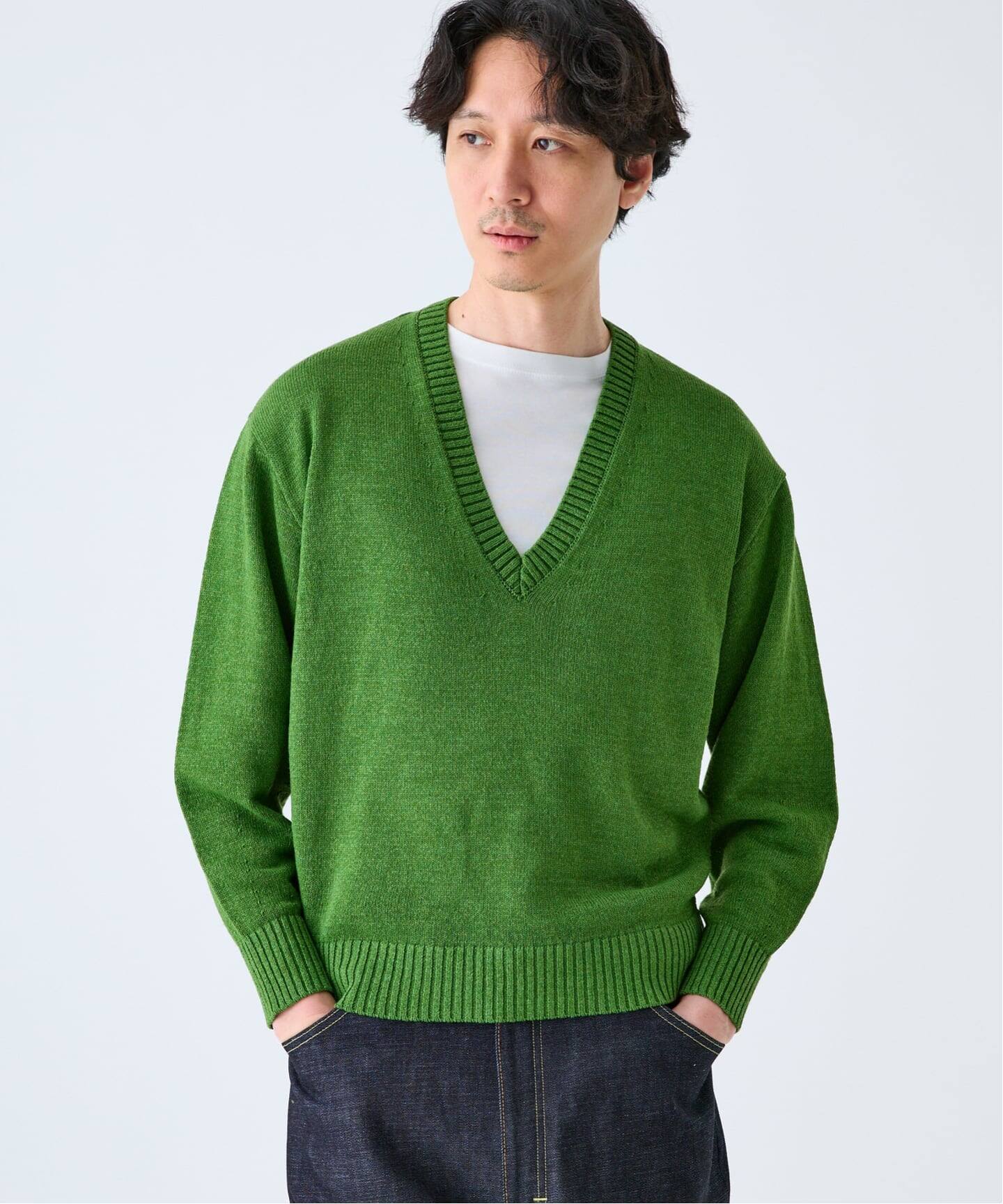 ERL グリーン Vネックセーター HEAVY刺繍 WASHI/WOOL DEEP V ネックニット（ニット／セーター）｜EDIFICE