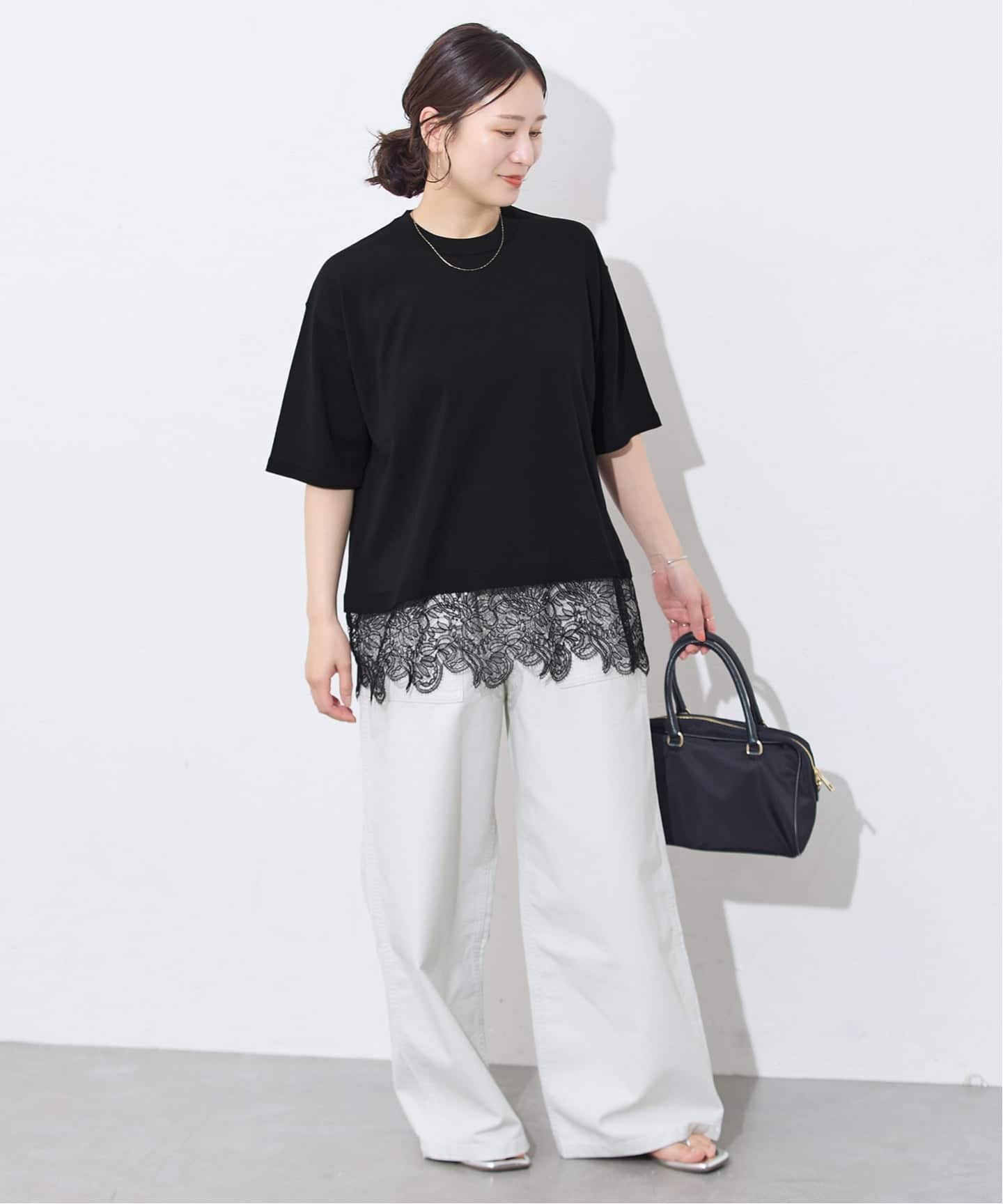 JOURNAL STANDARD レースヘムプルオーバー ブラック 洗える/接触冷感】WASHABLE COOL レースヘム ハーフスリーブ プル