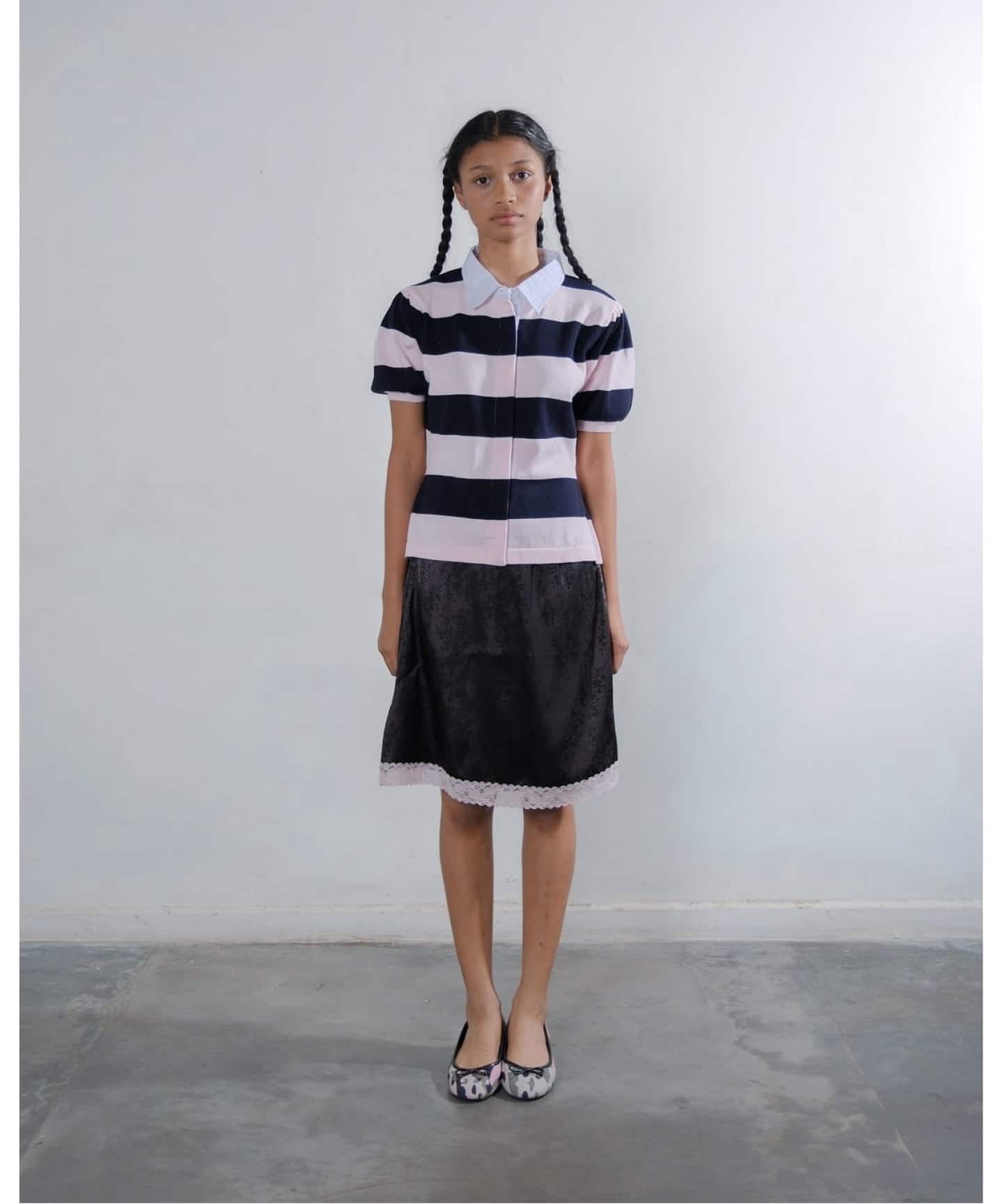 OMO/オモ】 Stripes Puff Sleeve Knit Top（シャツ／ブラウス