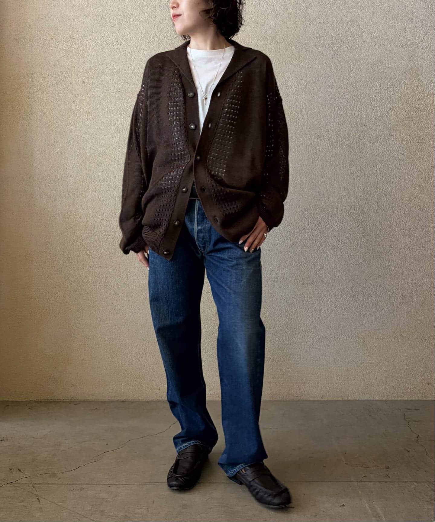 【美品】  journal standard luxe / ジャーナルスタンダードラックス | 2022AW | SEEALL EXTRAOVER CARDIGAN カーディガン | F | DARK BROWN | レディース SEEALL】 MESH KNIT CARDIGAN RAMIE（カーディガン）｜journal