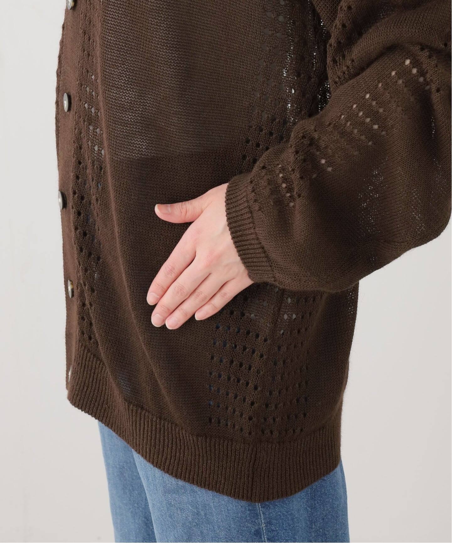 【美品】  journal standard luxe / ジャーナルスタンダードラックス | 2022AW | SEEALL EXTRAOVER CARDIGAN カーディガン | F | DARK BROWN | レディース SEEALL】 MESH KNIT CARDIGAN RAMIE（カーディガン）｜journal