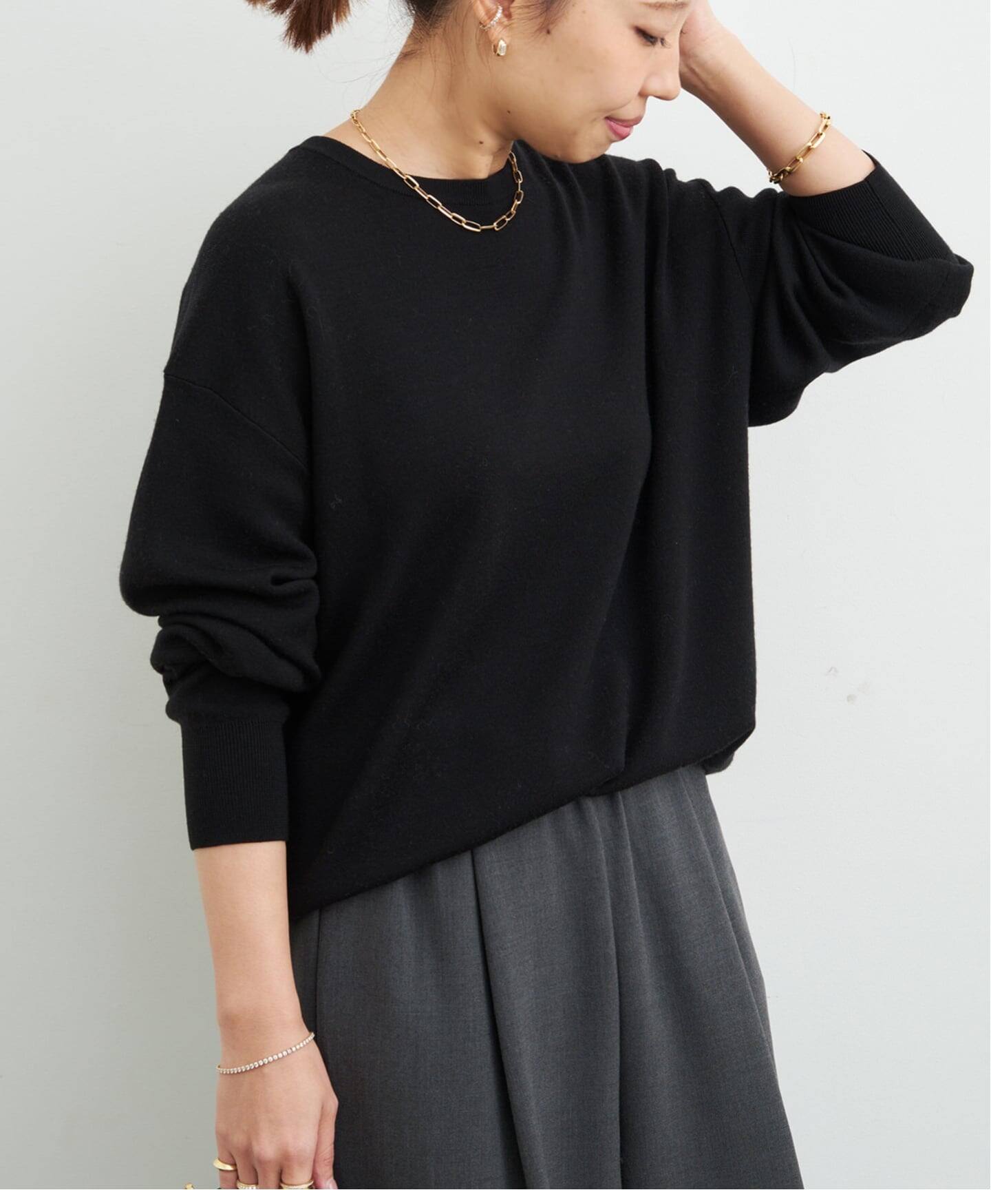 ドゥーズィエムクラス クルーネックワイドプルオーバー　カシミヤ混　黒 ドゥーズィエムクラス カシミヤ混 クルーネックワイドプルオーバー