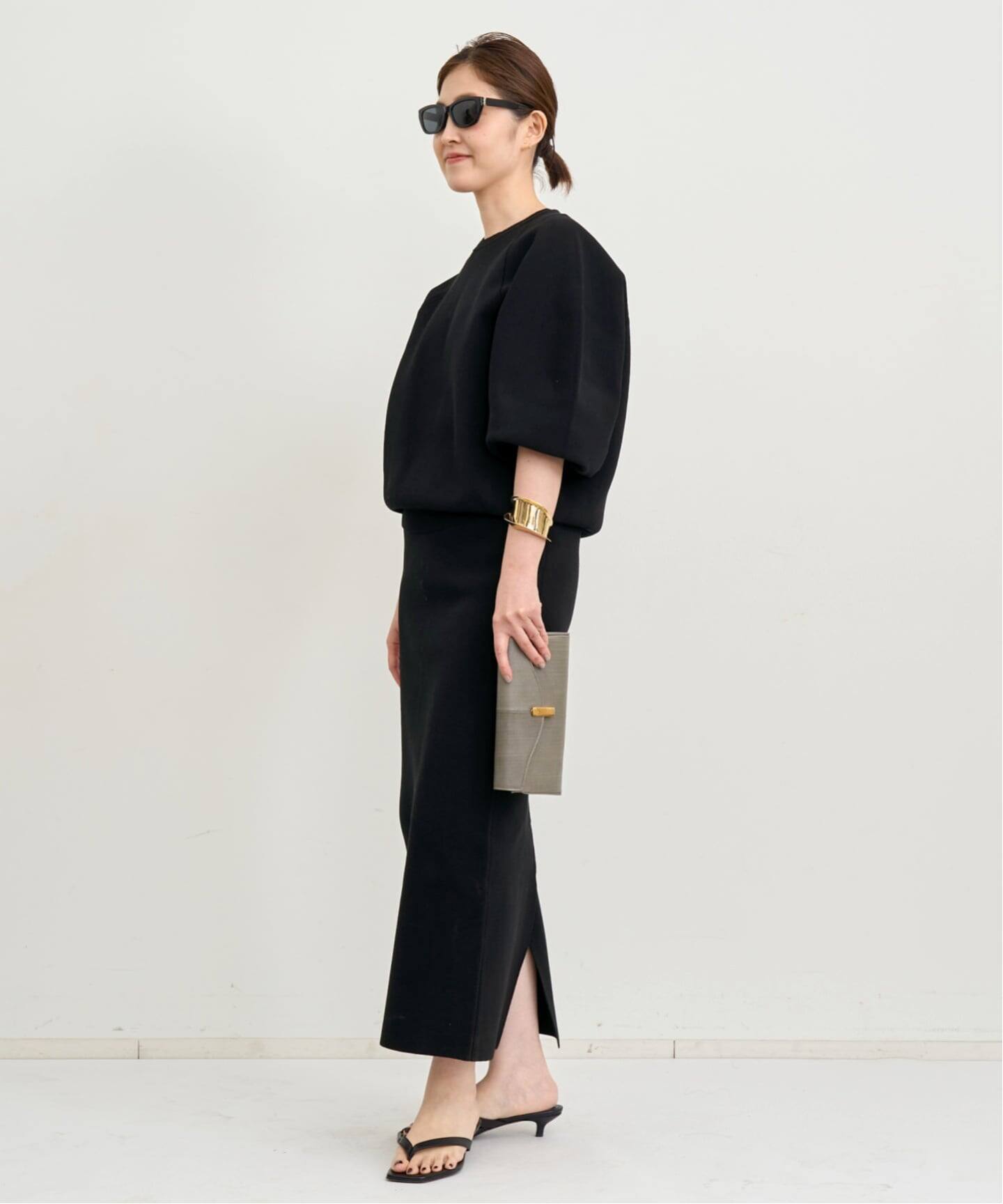 L'Appartement アパルトモン 半袖リブニット スキッパー 黒 麻混 2WAY SLEEVE KNIT（ニット／セーター）｜L'Appartement（アパルトモン