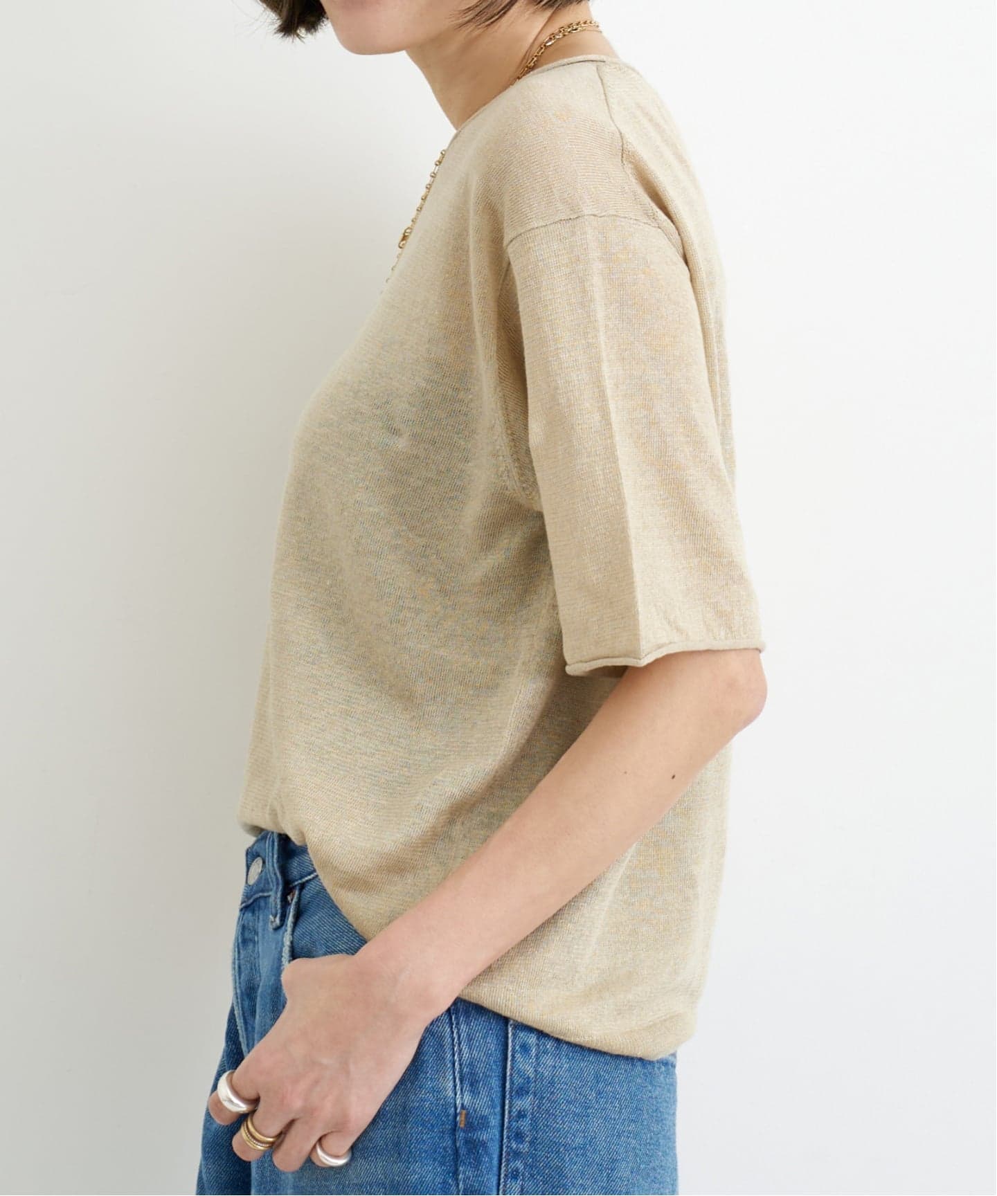 L'Appartement SHORT CREW NECK KNIT ベージュ LINEN SHORT SLEEVE KNIT（ニット／セーター）｜L'Appartement
