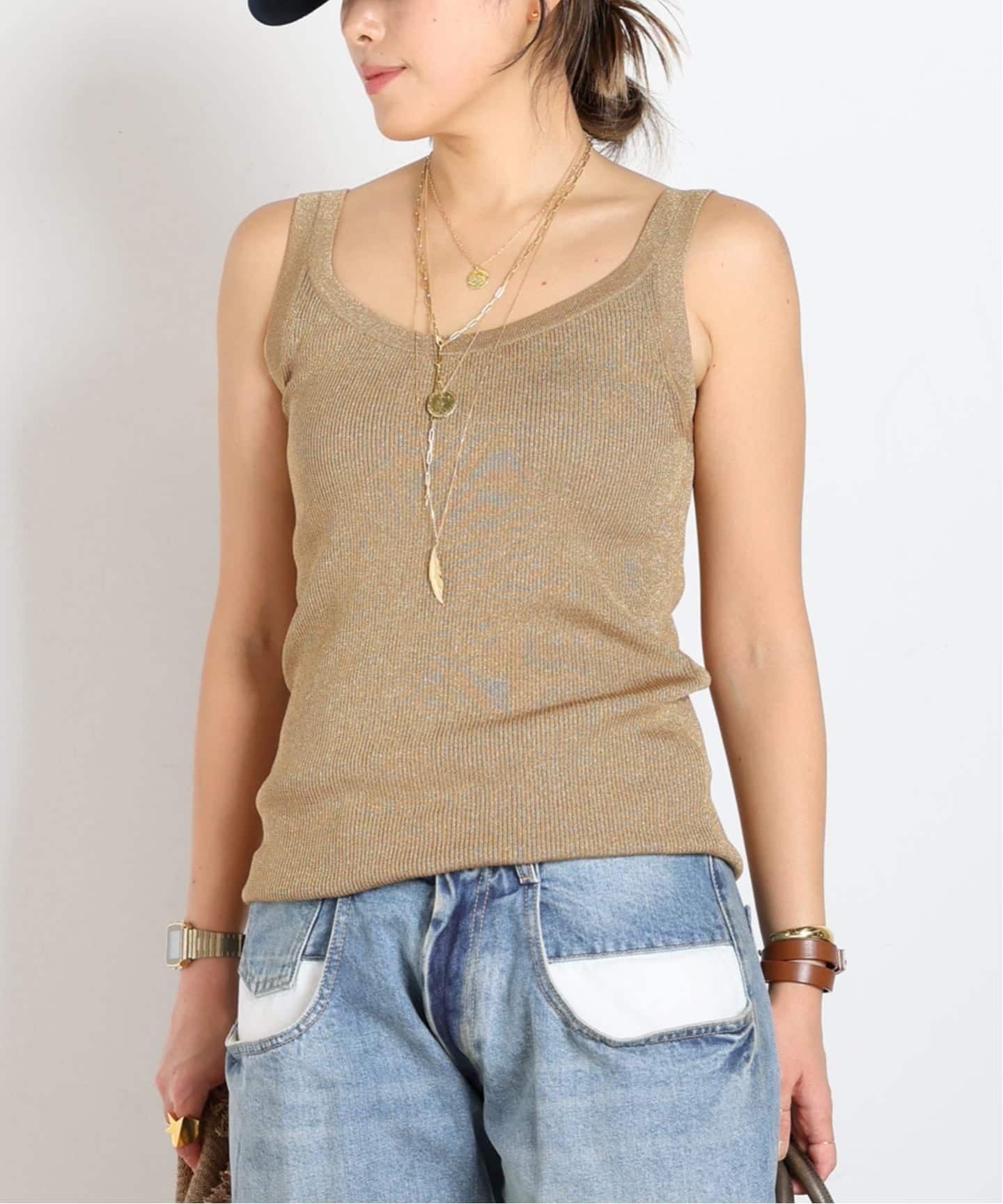 メタリックリブニット(ゴールド)（タンクトップ）｜AP STUDIO