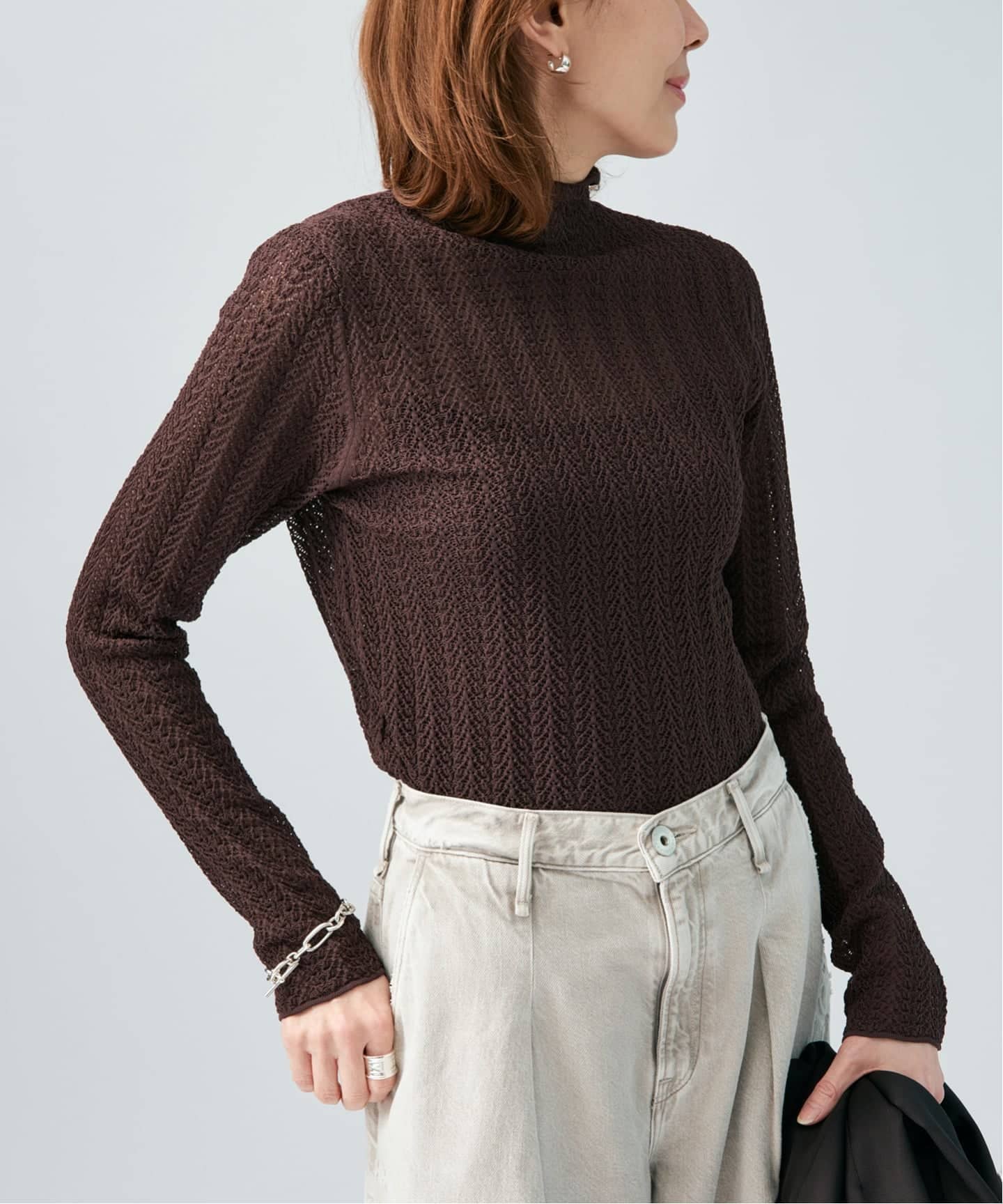 レースニット ハイネックロングスリーブプルオーバー（ニット