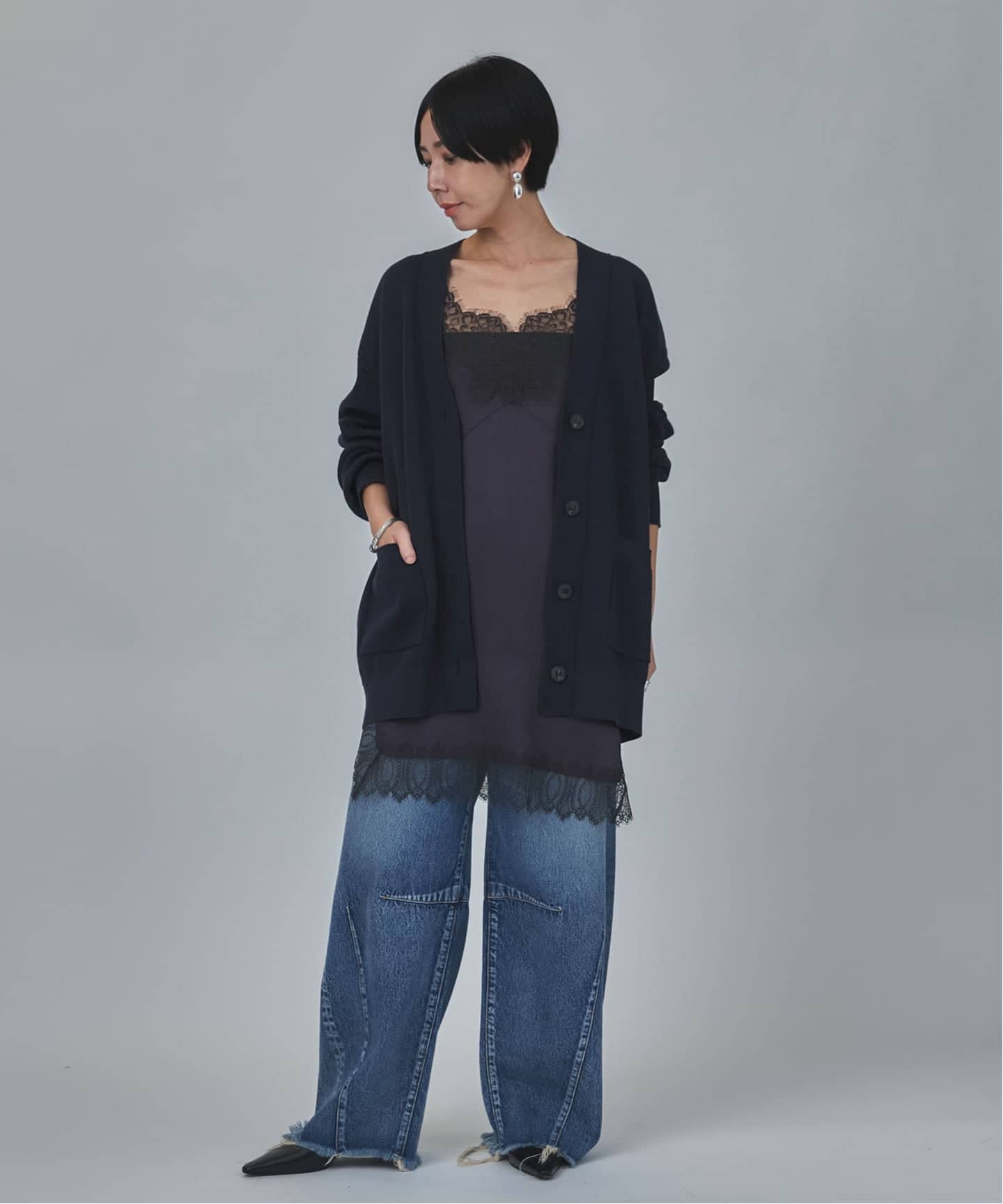 コットンカシミヤ WジャガードVネックカーディガン（カーディガン