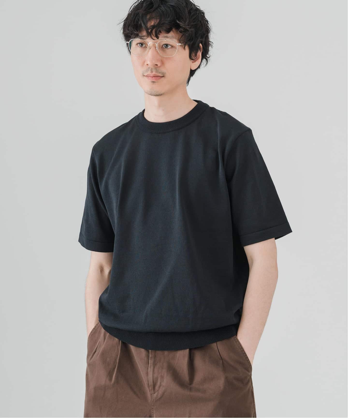 EDIFICE Essential ニット Tシャツ 黒 半袖セーター Essential ニット Tシャツ（Tシャツ／カットソー）｜EDIFICE