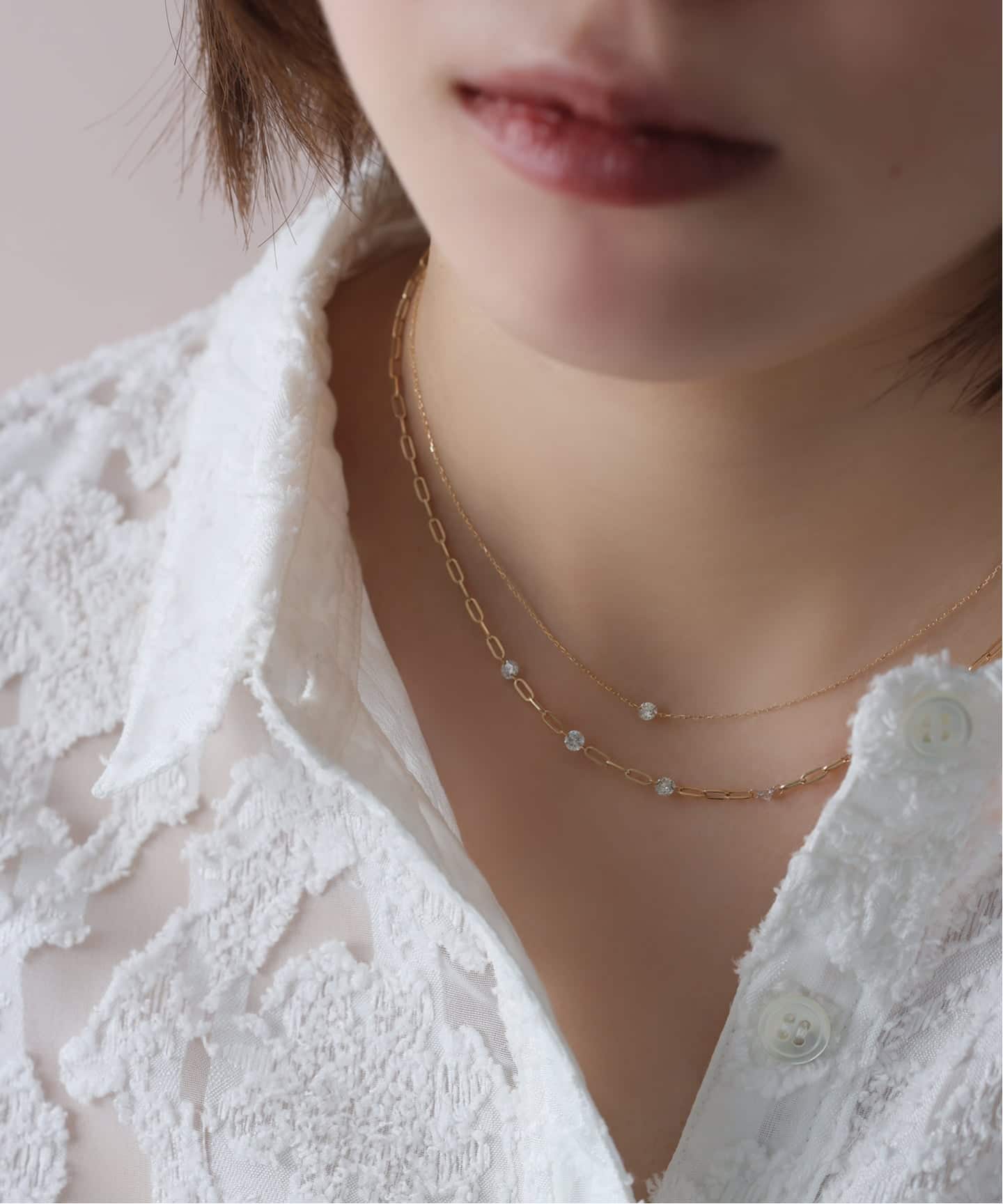 ダブルホールダイヤ5Pペーパークリップチェーンネックレス K18