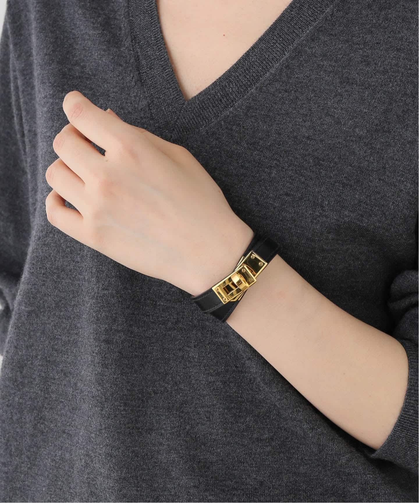 【良品】エルメスHERMESケリーブレスレット着画バングル黒ゴールド正規品 HERMES/エルメス】 Mini kelly double tour bracelet（ブレスレット
