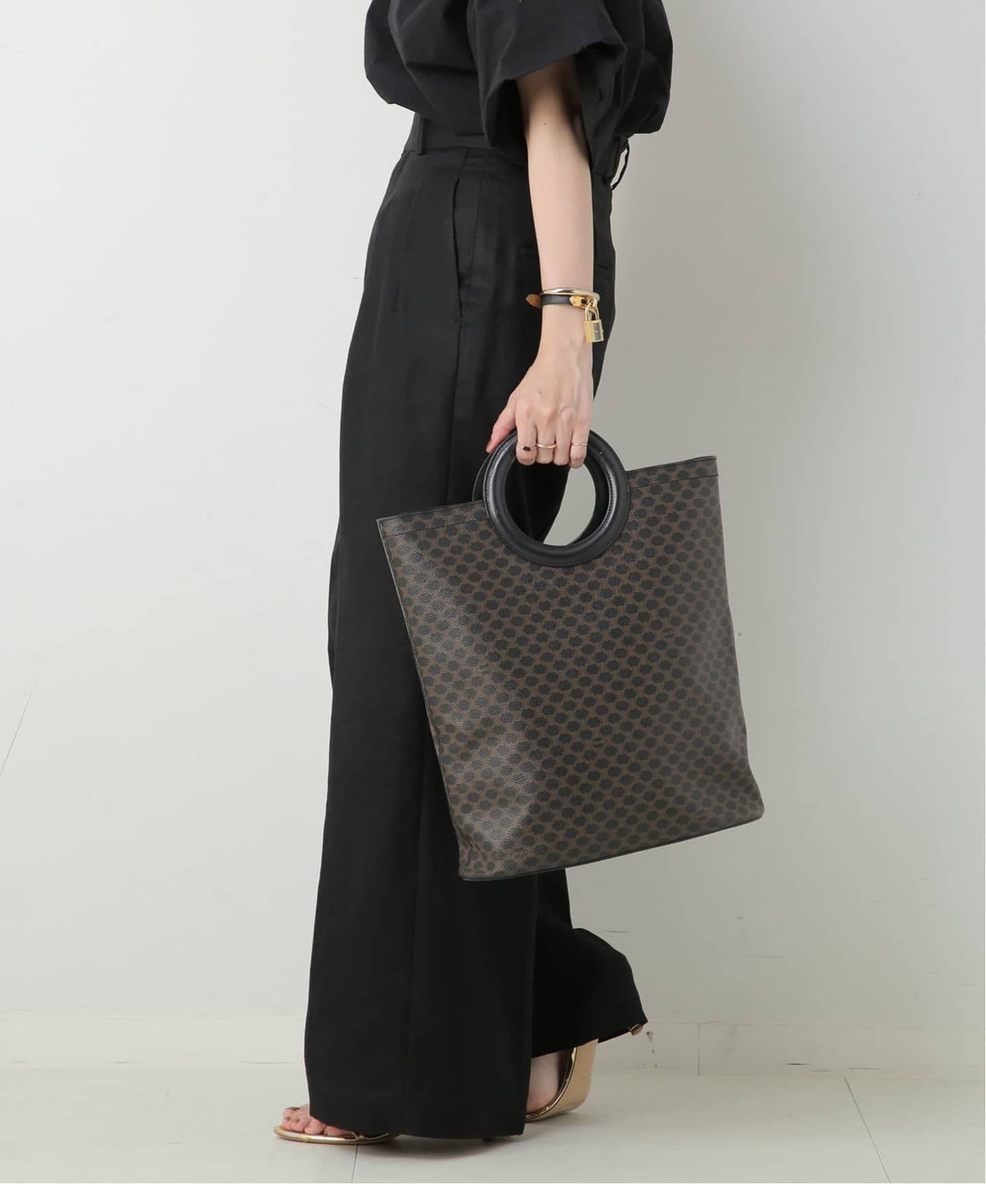 ミ*ル様 セリーヌ Mono Macadam ハンドバッグ 27cm 黒 タン VINTAGE CELINE/セリーヌ】ハンドバッグ macadam（ハンドバッグ