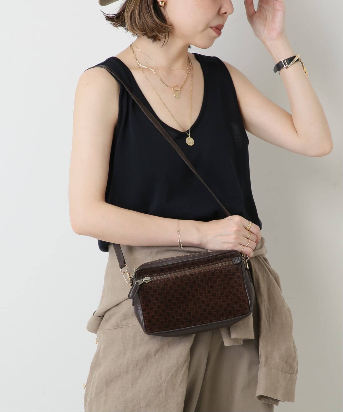 グッチ GUCCI レザー スエード ショルダーバッグ サドルバッグ ブラウン VINTAGE GUCCI/グッチ】ショルダーバッグ square g suede（ショルダー