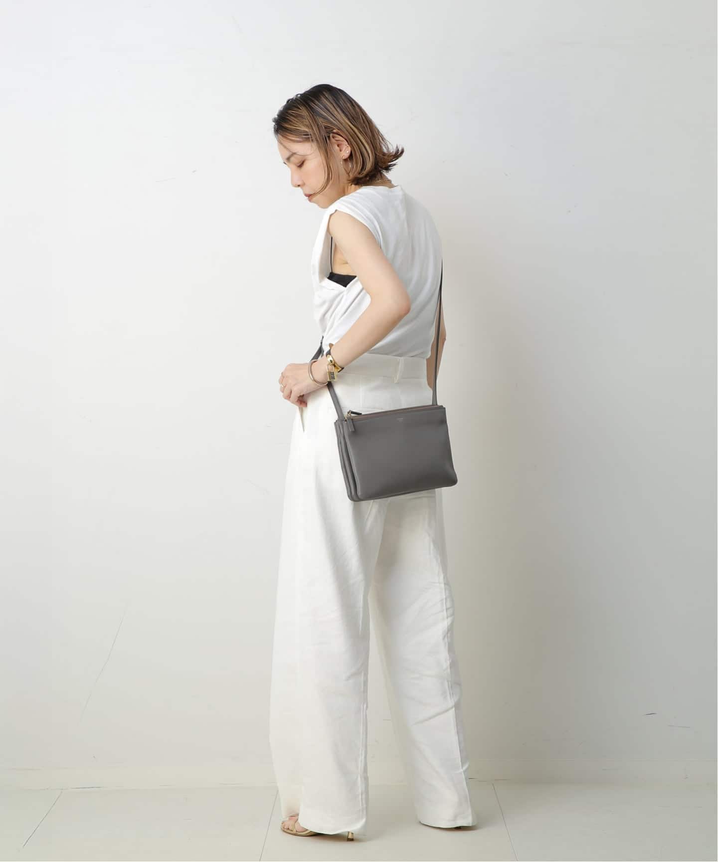 値下げしました！シルバーロゴ　CELINE トリオ　 チャコールグレー CELINE/セリーヌ】Trio large（ショルダーバッグ）｜DECOUVERTE