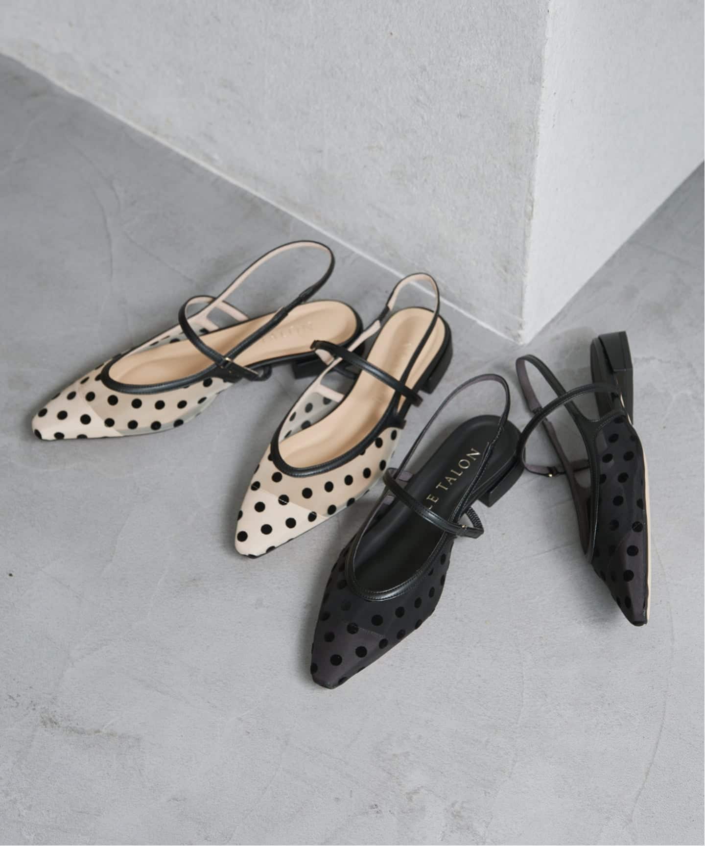 【新品未使用】LE TALON ブラックドット_フラットシューズ ドットシアーストラップスリングバック（フラットシューズ）｜LE TALON