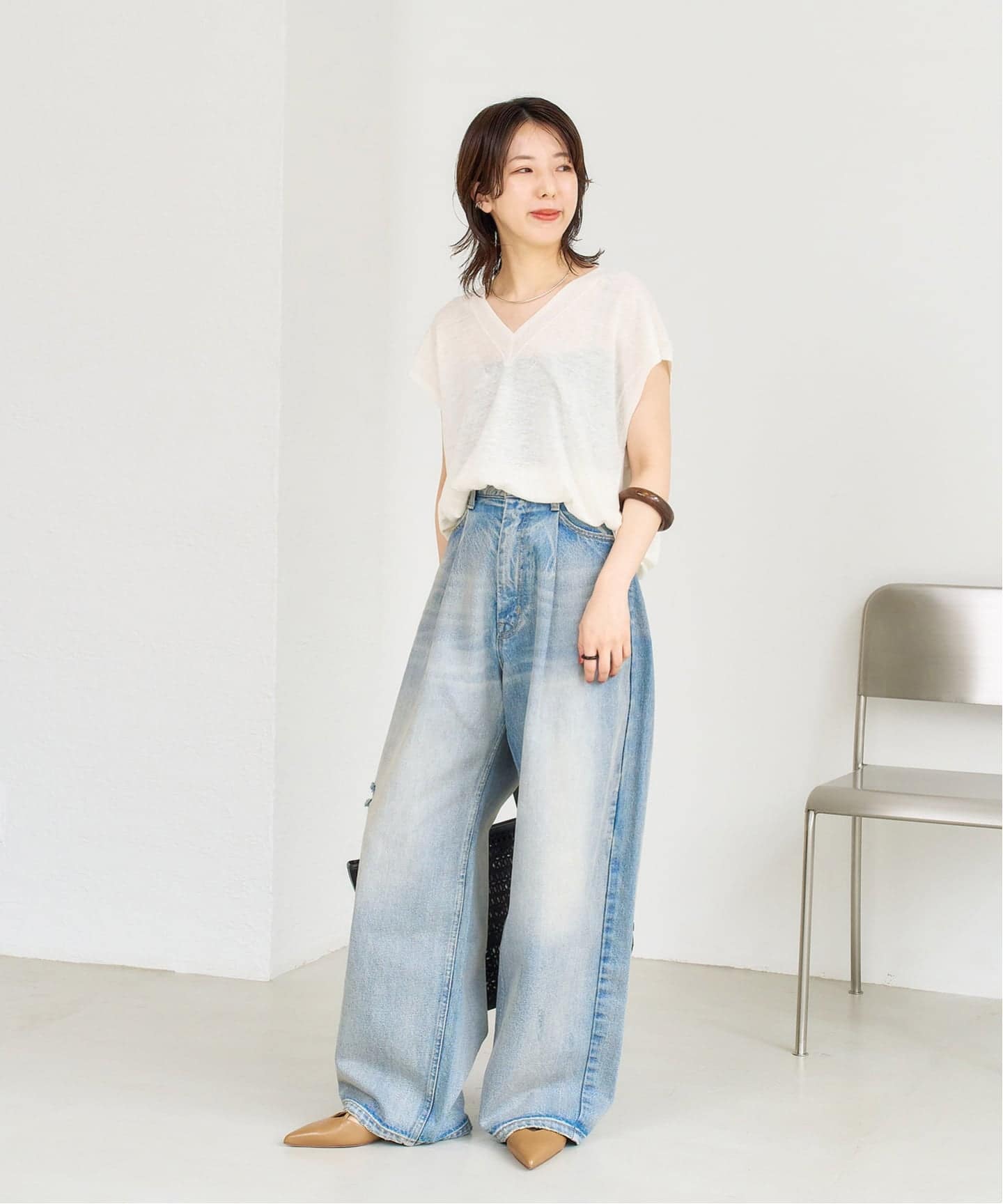 追加》ポインテッドメタルクロスストラップフラット（フラットシューズ