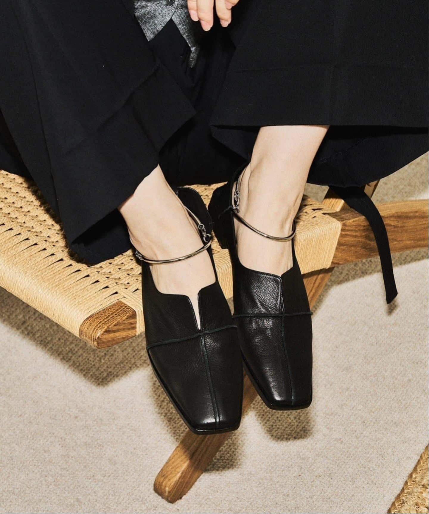 GRISEレザースクエアクロスシームアンクルフラット　ブラック 追加》GRISEレザースクエアクロスシームアンクルフラット（フラット